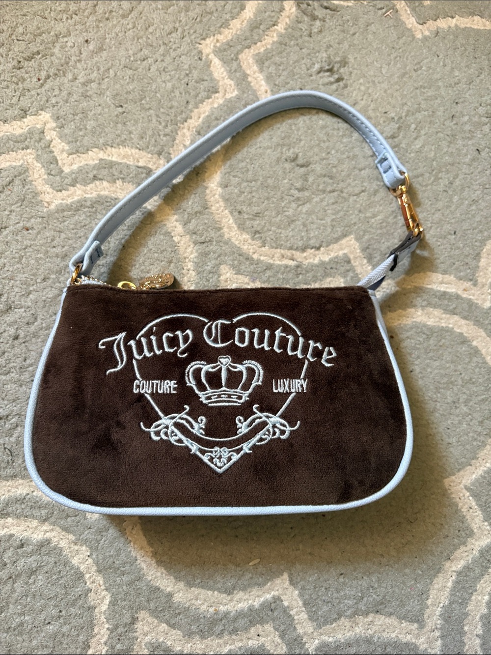 Juicy Couture Brown Velvet Mini Bag with Light Blue Trim - Picture 1 of 3